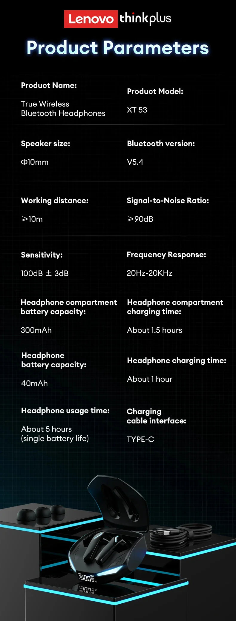 Original Lenovo XT53 Bluetooth V5.4 Earphones LED Power Display Gaming Headphones Waterproof Anti-sweat Upgraded Wireless Earbud