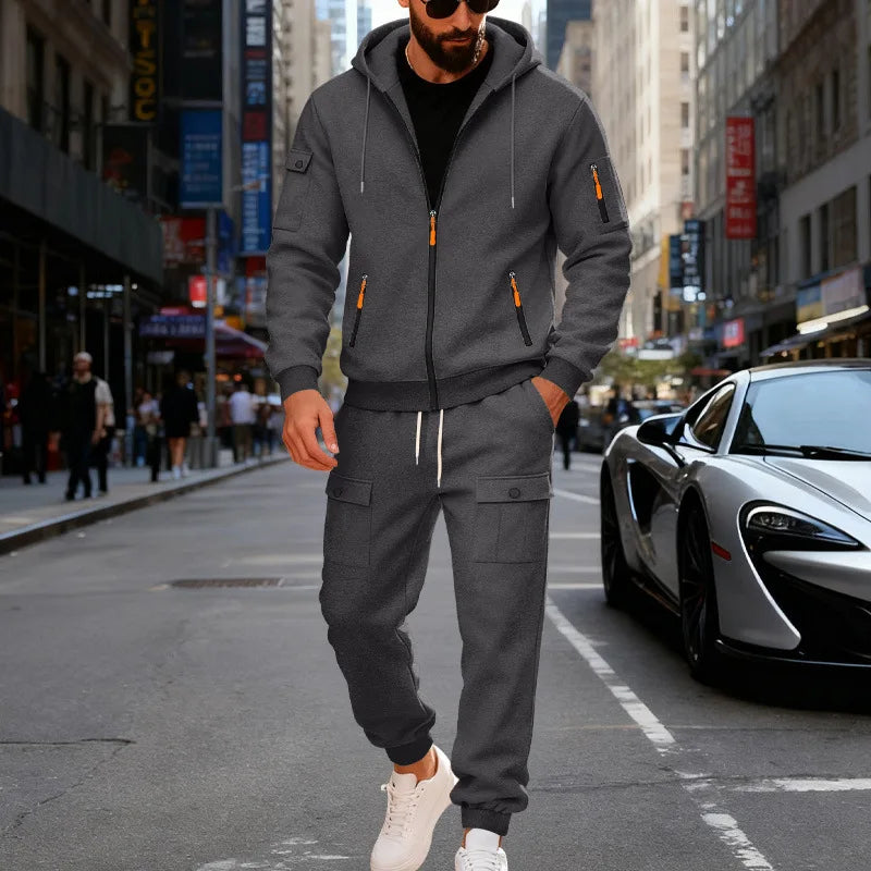 Autumn and winter men's velvet loose casual tooling outdoor sports fashion hooded sweater set