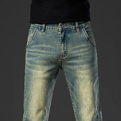 Retro Men's Stretch Straight Jeans Washed Fashion Distressed Baggy Denim Trousers