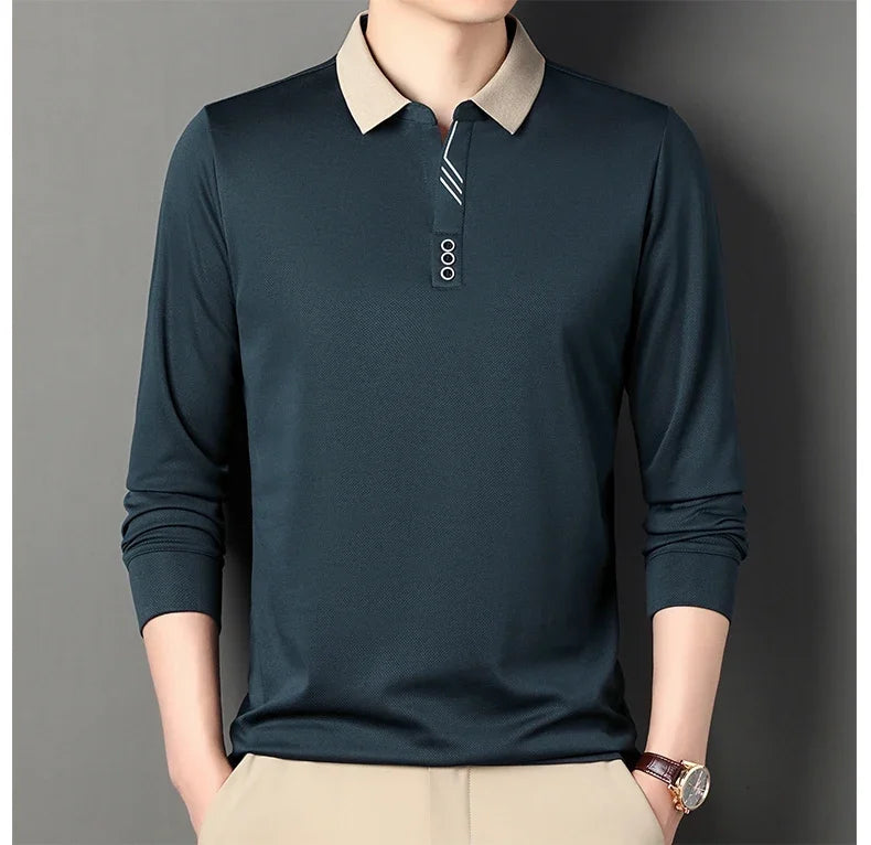 New Men's Long-sleeved Polo Shirt Sweatwear Business Casual Top Fashion Classic Solid Color Male Brand Basic V-neck Top