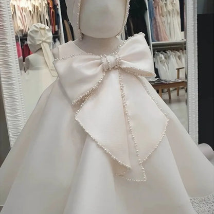 Baby Girl Princess Pearl Bow Silk Dress Sleeveless Infant Toddler Vintage Vestido Party
