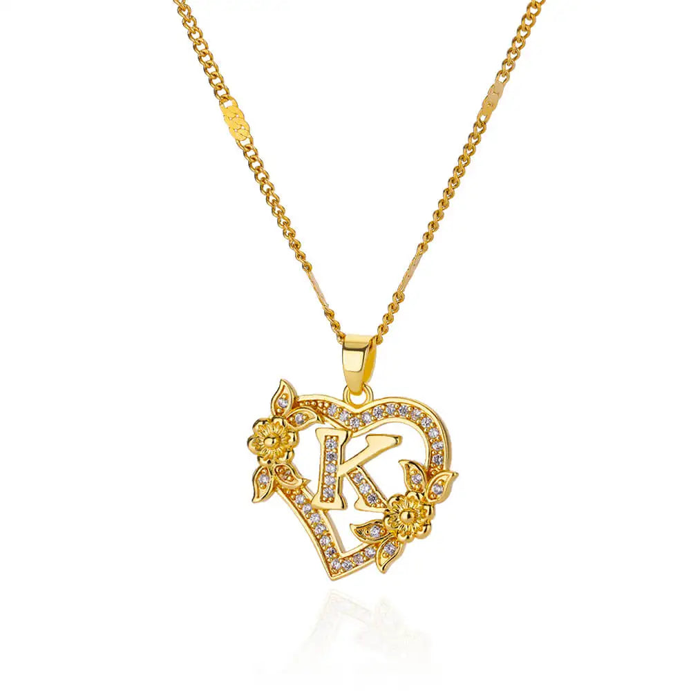 Flower Zircon Initial Heart Pendant Necklaces For Women 2024 Trend Stainless Steel Letter Necklaces Jewelry Best Friend Gifts