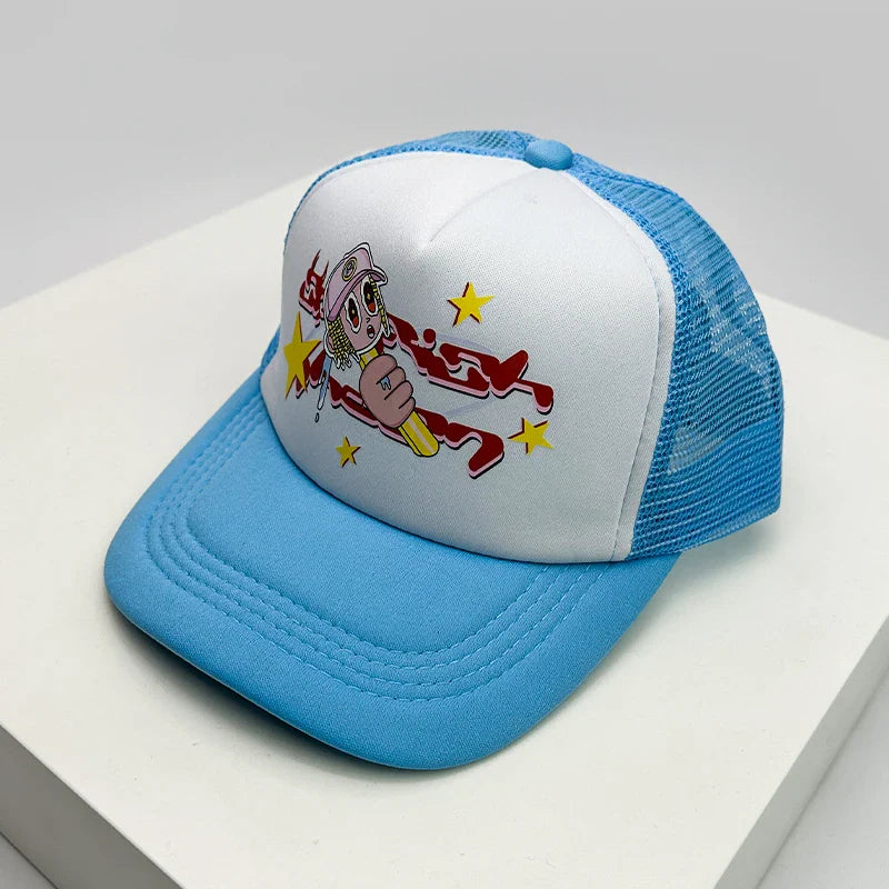 New American Style Men Women Cruise Printed Anime Letter Half Mesh Caps Sunshade Breathable Baseball Hats Versatile Fashion Cute