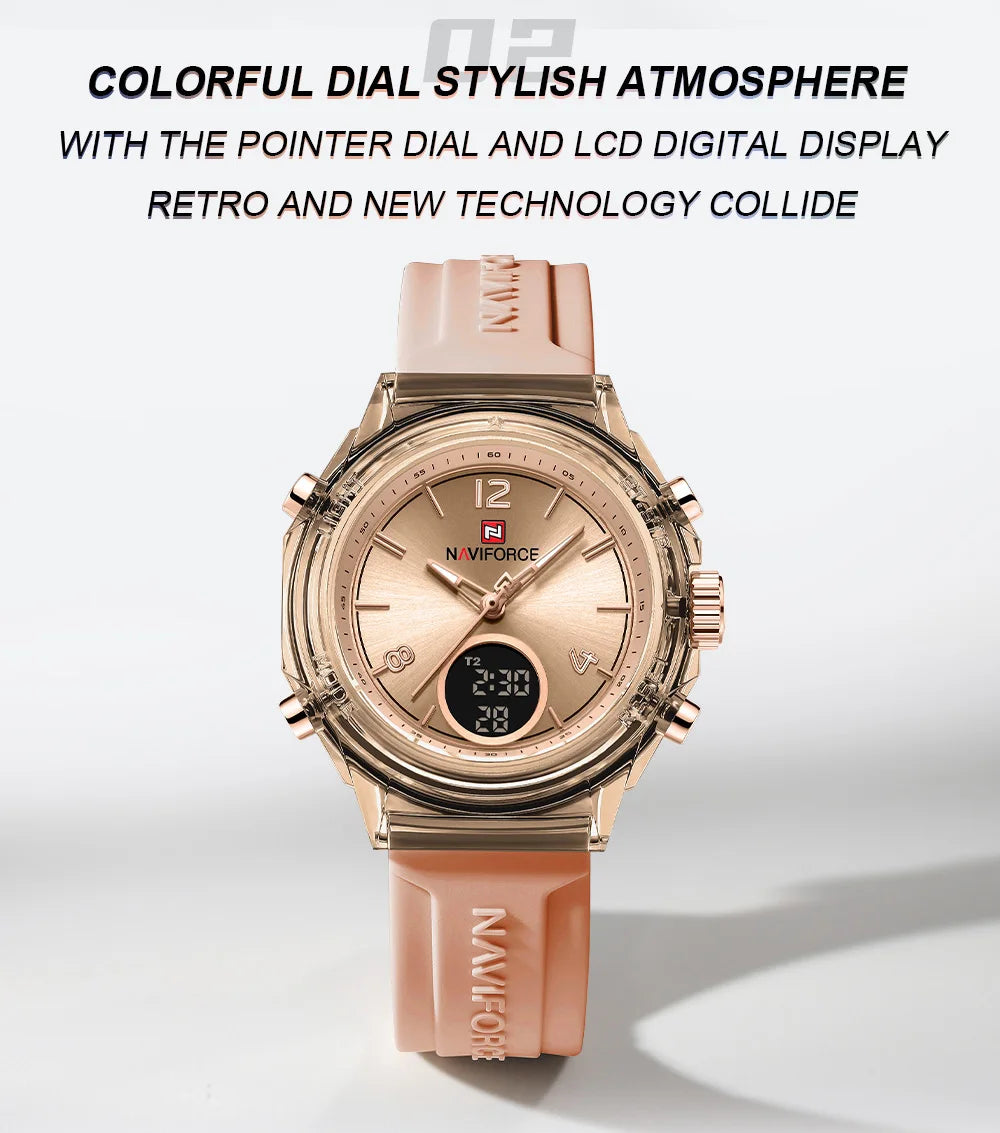 NAVIFORCE Luxury Women's Watch Gold Outdoor Sports Waterproof Watches Dual Time Display Quartz Wristwatches Rubber Digital Clock