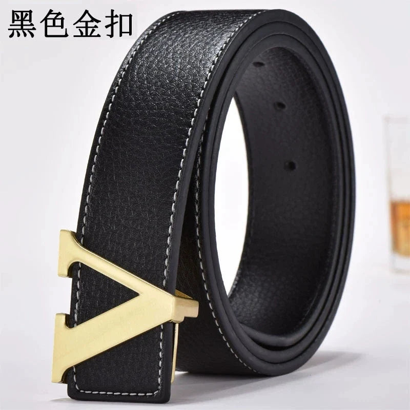 Men's high-end belt with smooth buckle; Korean style fashion trend letter V belt; men's belt