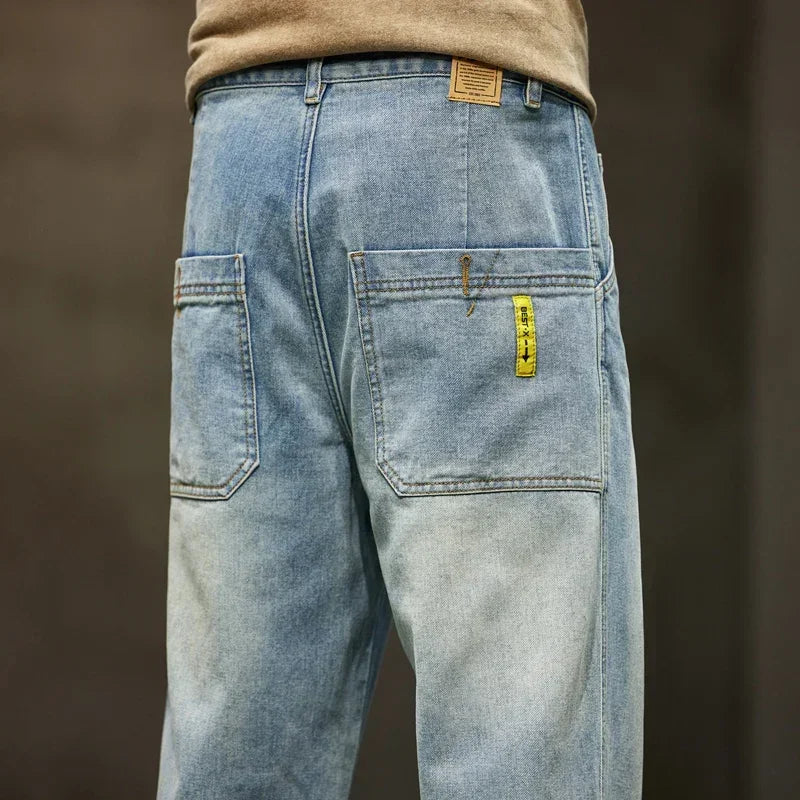 Wide Leg Jeans Men Baggy Pants Summer Straight Cut Loose Retro Blue Denim Pants