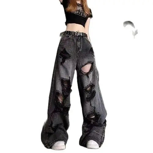 Vintage High Waist Denim Pants Ripped Jeans Women Fashion Loose Wide Leg
