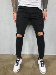 Distressed Knee Holes Elastic Skinny Jeans Men Ripped Biker Denim Pants