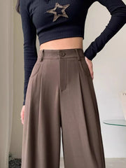 Fashion High Waist Wide Leg Pants Women Spring Fall Baggy Black Trouser Office