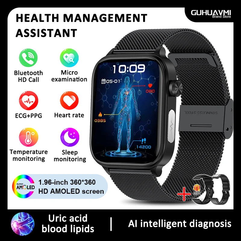 2026 New Blood lipids Uric Acid testing Smart Watch Men ECG+PPG Blood Pressure blood oxygen Bluetooth Call Health smartwatch iOS