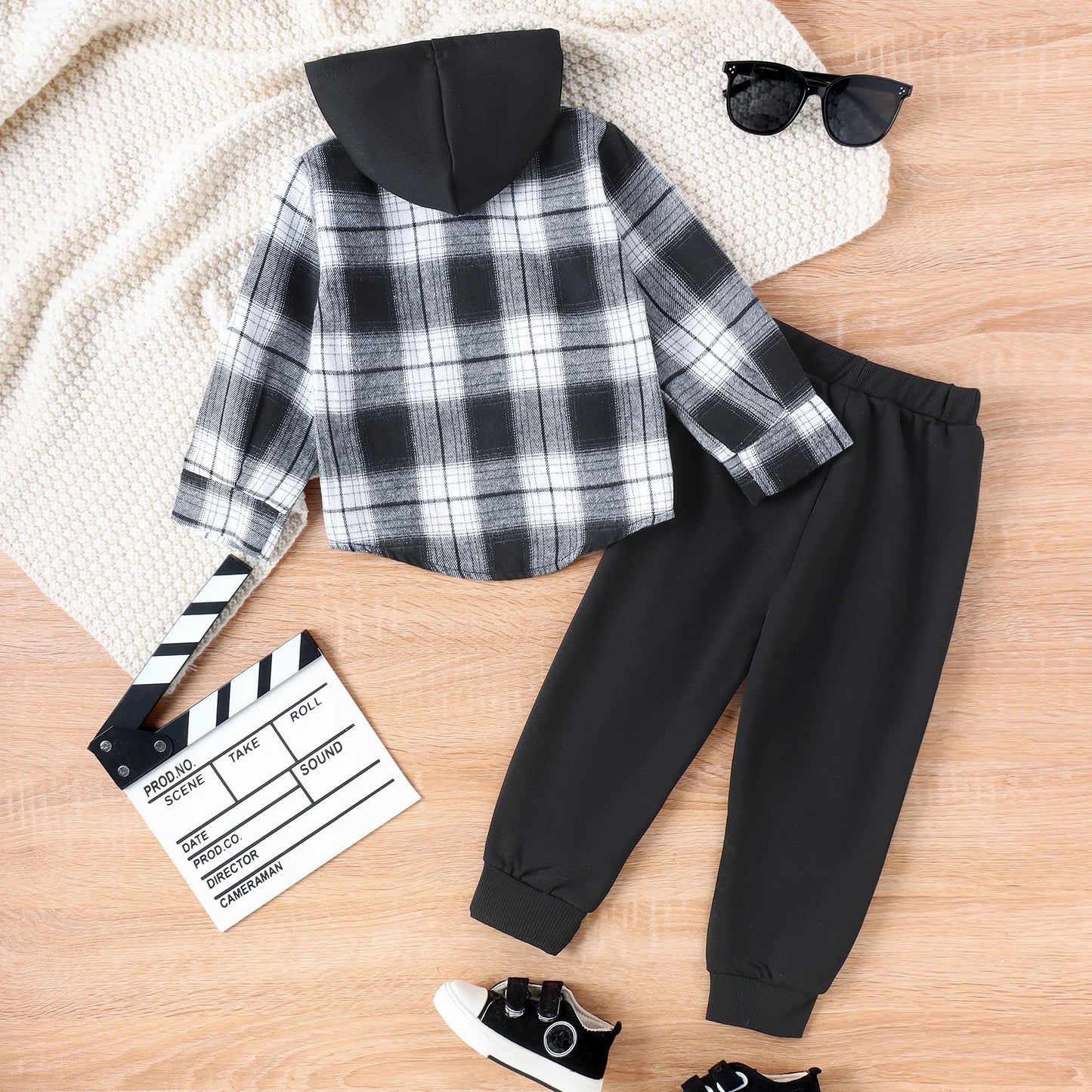 3PCS Autumn Boys Aged 2-6 Are Fashionable And Handsome, Multi-Color Plaid Hooded Long-Sleeved Top + Solid Color Pants Set