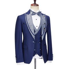 Cenne Des Graoom Elegant Men Suits Blue Tuxedo 1 Button Blazer Vest Pants with Bowtie 4pcs