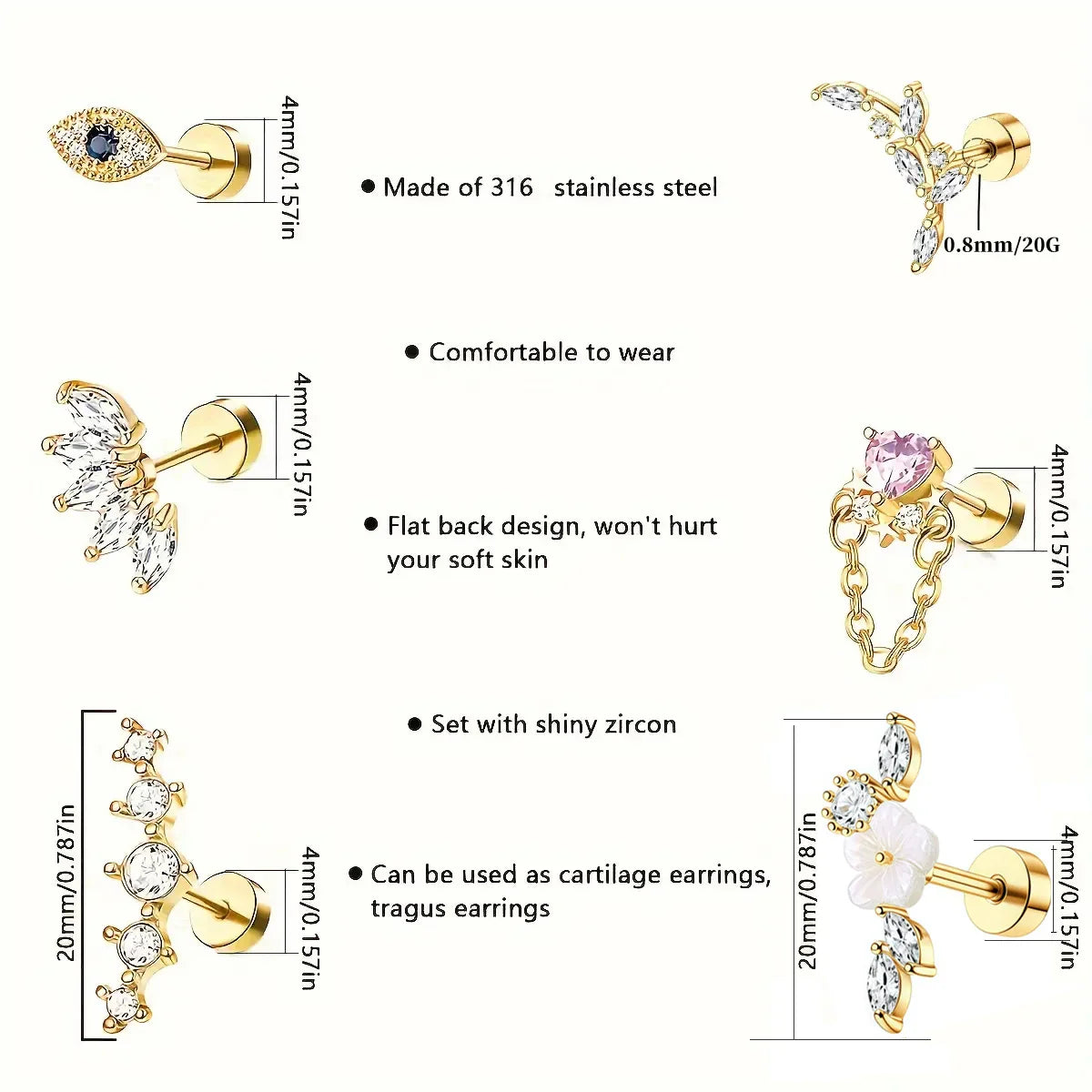 6Pcs 316 Stainless Steel Flat Back Spiral Ear Skull Stud Earrings,Shiny Cubic Zirconia Chain Screw Stud Piercing Jewelry Gifts