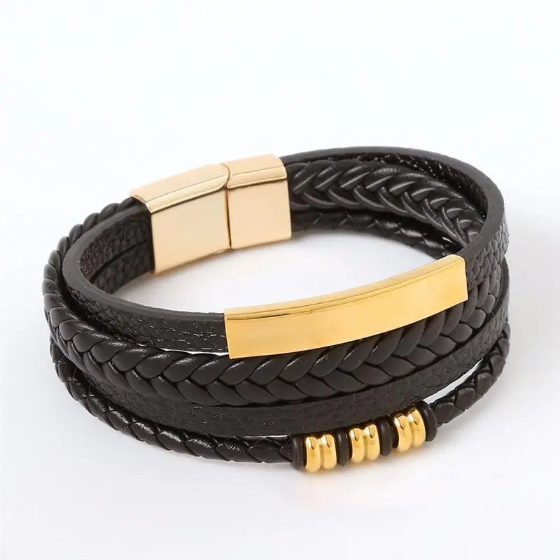 Punk Men Leather Bracelet with Stainless Steel Magnetic Clasp Braided Mutilayer Leather Wrapping Bangles Man Jewelry Gift