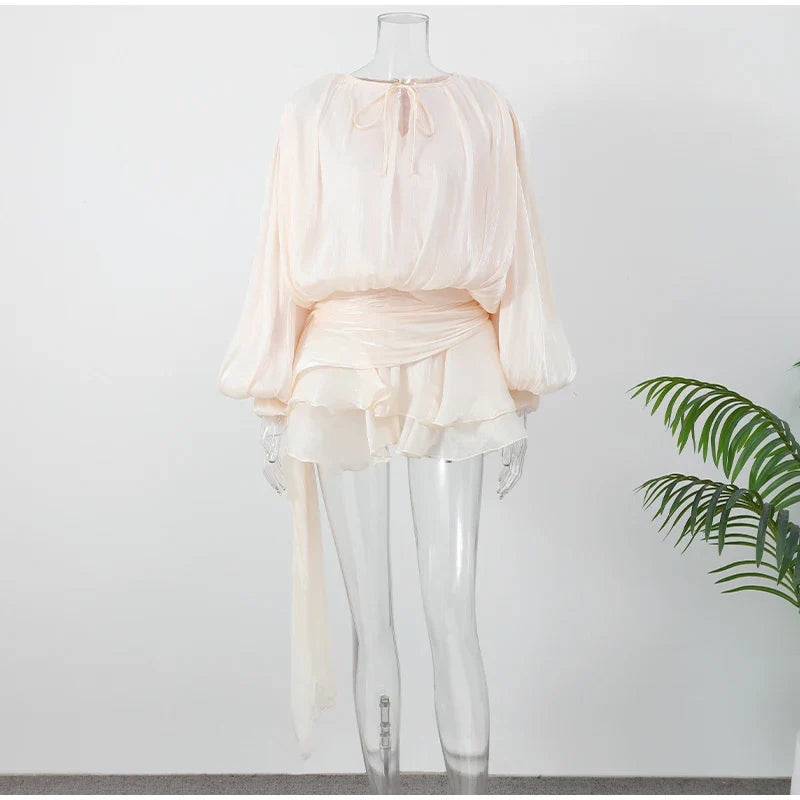 Stunning Shiny Ruffles Lace Up Mini Dress Women's Chic Loose Hollow Out A-line Pleated Vestidos Lady Summer Party Gowns 2025 New