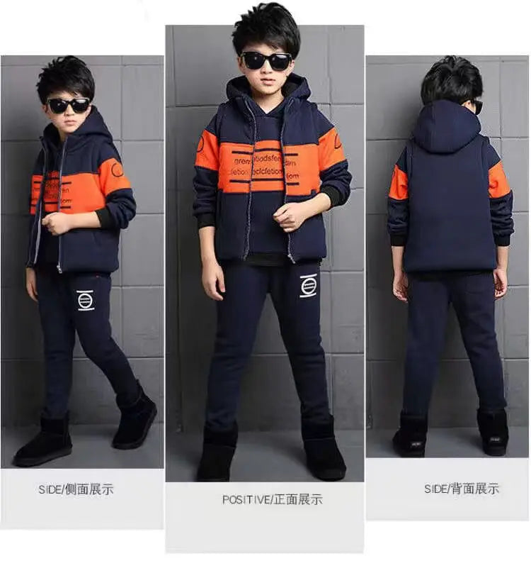 3pcs/set 2025 winter Boys tracksuit Autumn Teenager Clothes splicing velvet jacket + hooded + Pant Children 4 8 9 10 11 12 year