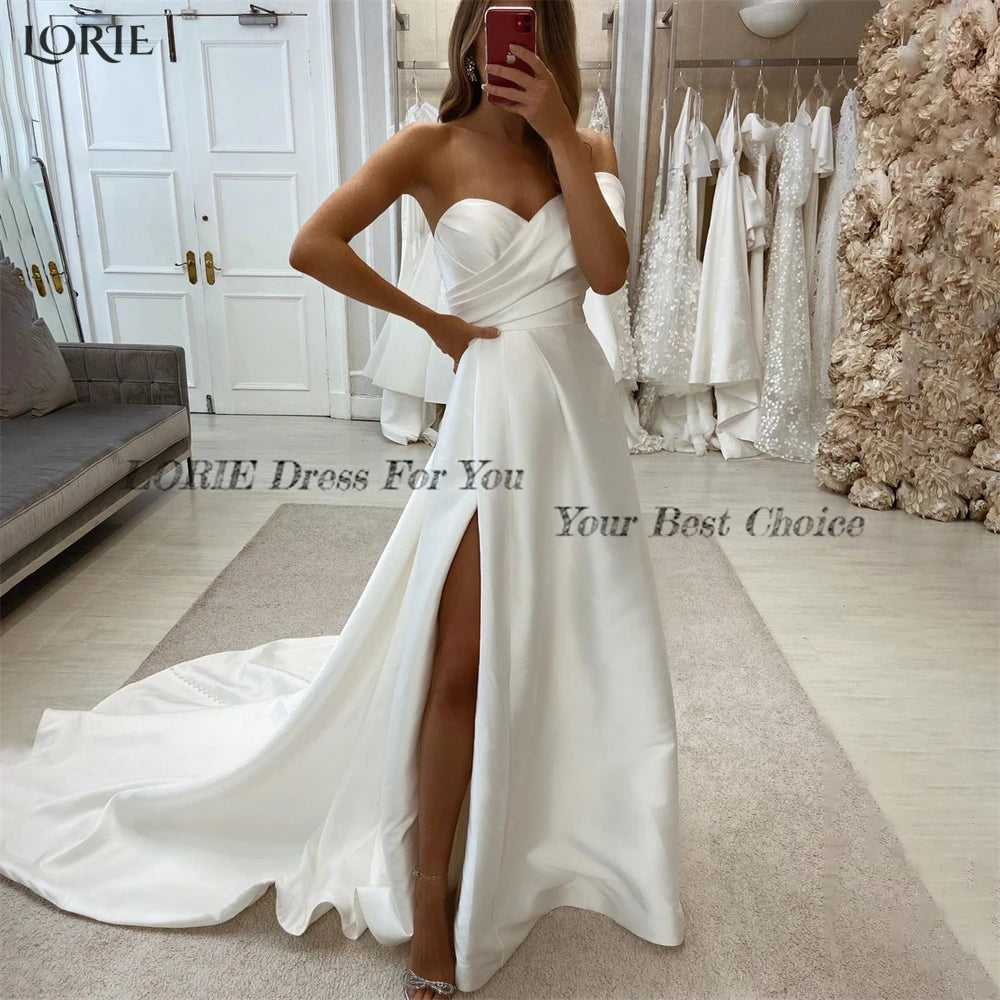 White Bridesmaid Dresses: Wedding Dresses One Shoulder Side Slit Satin A-Line