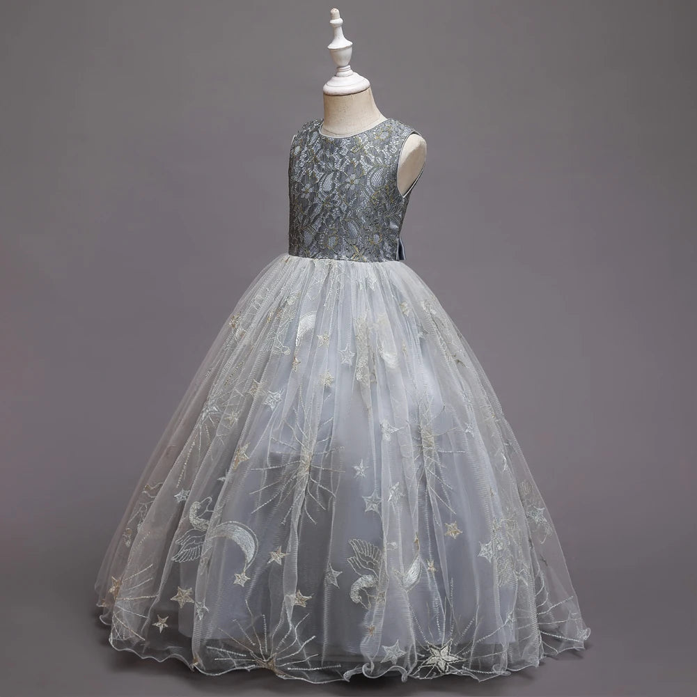Grey Girls' formal dress with star embroidery, long dress with temperament, long mesh dress, host piano performance costume