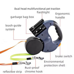 2 in 1 Multi-functional Dog Leash Double-ended Automatic Retractable Dog Leash 360°