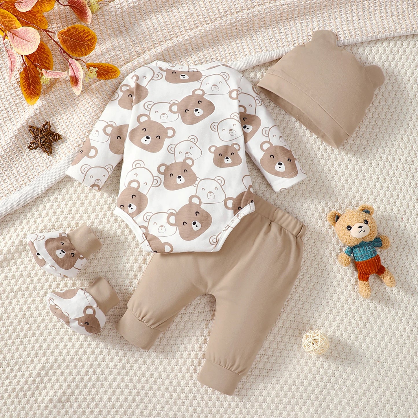 4 Colors 0-9 Months Newborn Baby Boy Autumn Clothing Set Bear Long Sleeve Bodysuit+Pants+Hat+Socks Cute Newborn Baby Gift Outfit