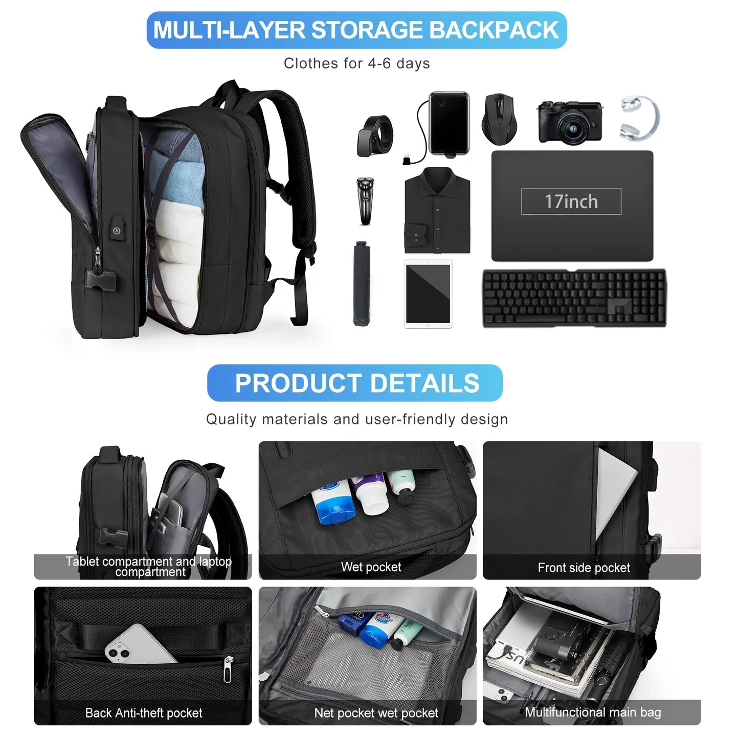 Likros Men Backpack Business Travel Backpack Carry on Waterproof Expandable Backpacks Large Capacity Weekend Traveler Laptop Bag