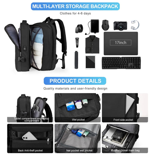 Likros Men Backpack Business Travel Backpack Carry on Waterproof Expandable Backpacks Large Capacity Weekend Traveler Laptop Bag