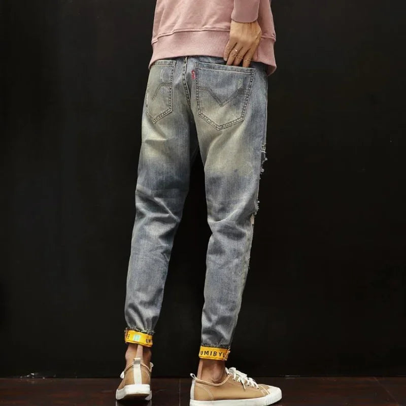 Trousers Broken Ripped Male Cowboy Pants with Holes Jeans for Men Tapered