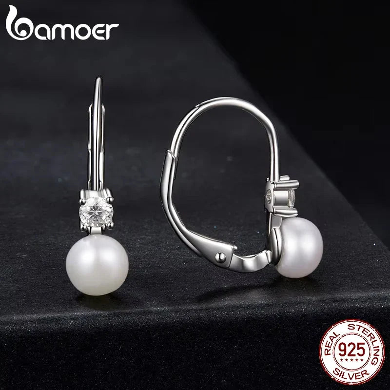 BAMOER Moissanite Freshwater Pearl Earrings for Women Wedding, Round Cut Lab Diamond 925 Sterling Silver Drop Dangle Ear Buckles