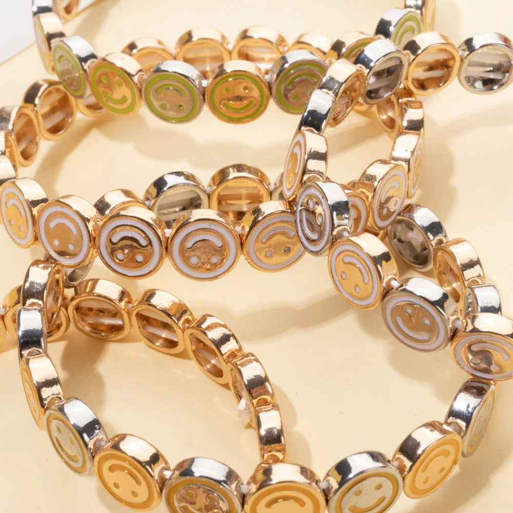 2024 New Happy Bangle Paved Diamond Enamel Beaded Bracelets For Women Boho Gold Color Elastic Bracelets