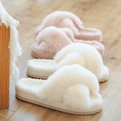 BEVERGREEN Winter Luxury Women Fur Slippers Open Toe Cross Band House Girls Fluffy Slides 3cm Heel Ladies Platform Shoes