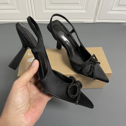 Crystal Women's Mules Sandals for Party Sexy Black New Pointed Bow Back Strap High-heeled Stiletto with Rhinestone Shoes Ladies
