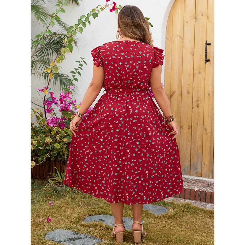 Plus Size Ruffle Cap Sleeves Wrap V Neck Swing Midi Dress Waist Belt A Line Tiered Print Boho Robe Summer Beach Sundress