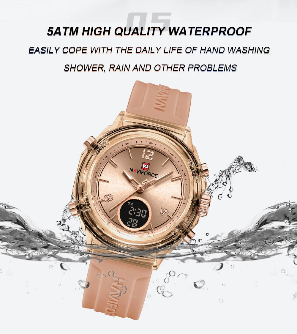 NAVIFORCE Luxury Women's Watch Gold Outdoor Sports Waterproof Watches Dual Time Display Quartz Wristwatches Rubber Digital Clock