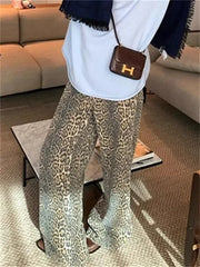 Leopard Print Y2k Jeans Women High Waisted Baggy Casual Wide Leg Denim Pants