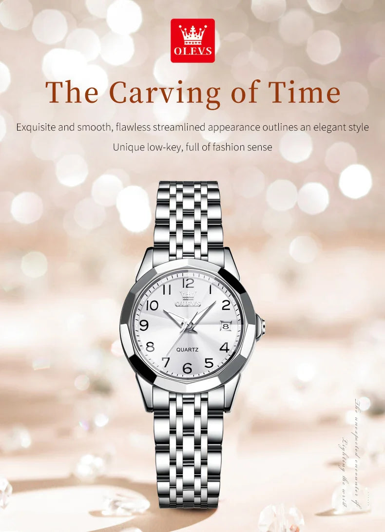 OLEVS 9970 Original Luxury Quartz Watch for Women Rhombus Mirror Digital Dial Calendar Stainless Steel Waterproof Wrist Watches