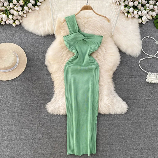 Chic One Shoulder Solid  Sleeveless Knit  Dress Slim High Waist Evening Party Dress