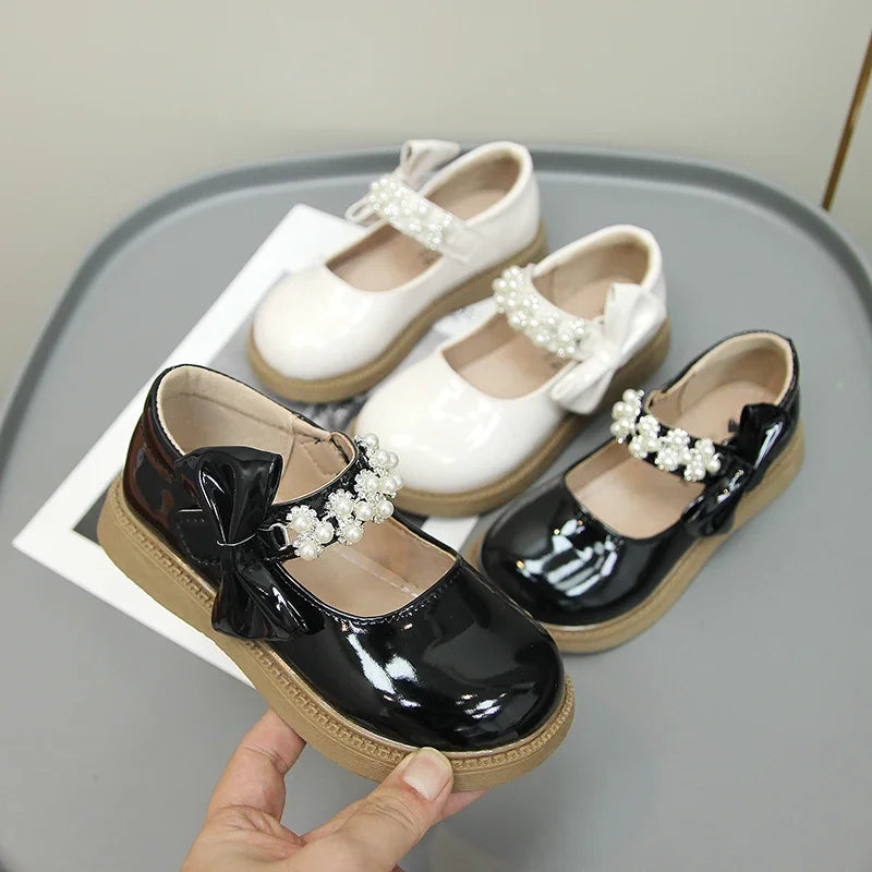 Children Leather Shoes for Girls Glossy Kids Fashion Pearls with Bow Casual
