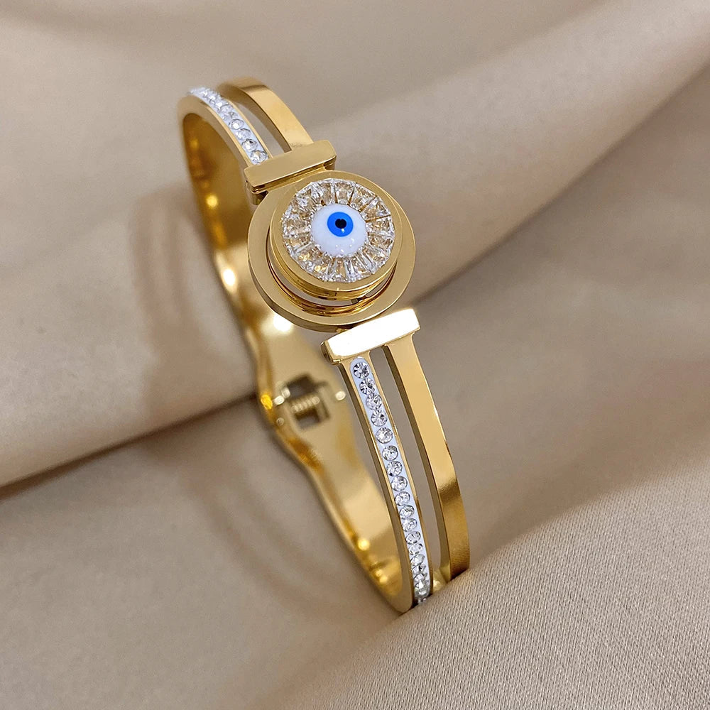 Evil Eye Bracelet Exquisite Stainless Steel Hollow Evil Eye Decorative Charm Bracelet Bangles with Rhinestones