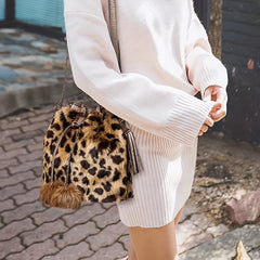 Plush Leopard Print Bucket Bag Fashionable Drawstring Crossbody Bag