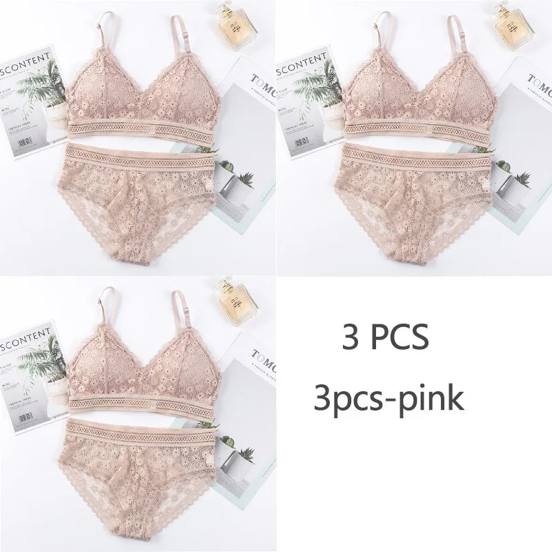 3 Piece Set Bra Lace Beauty Back Suit Underwear Gather Seamless