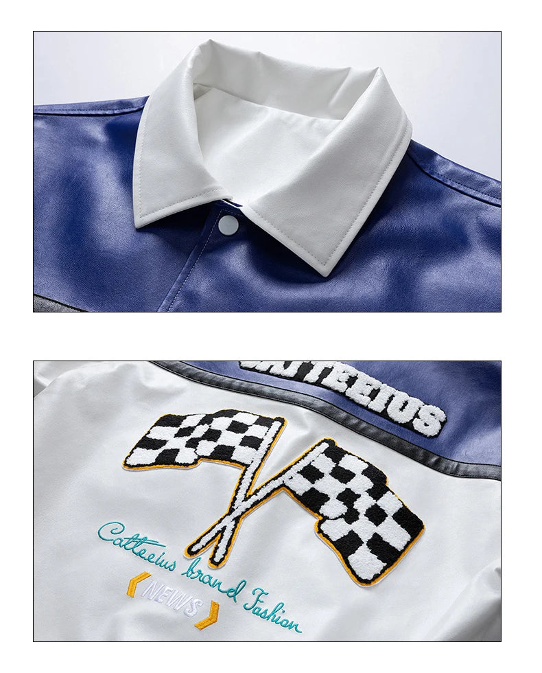Unisex Embroidery Varsity Leather Jacket Harajuku Patchwork Streetwear Men Vintage