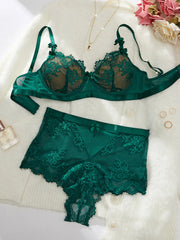 Women's 2pcs Bow Decor  Lace Lingerie Set,Contrast Lace Bra &  Hi waist boyshort