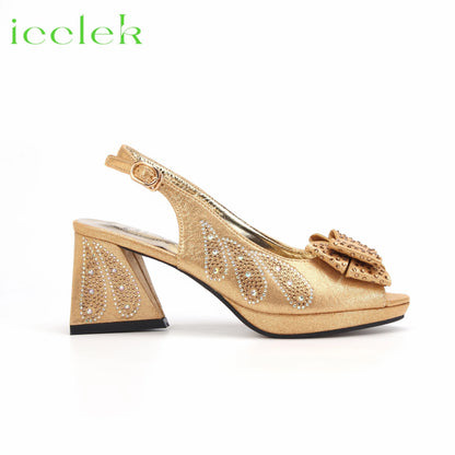 2024 Newest Hot Selling Gold Color Platform Design Peep Toe Ladies Shoes Matching Bag Set For Mature Women Party Pump