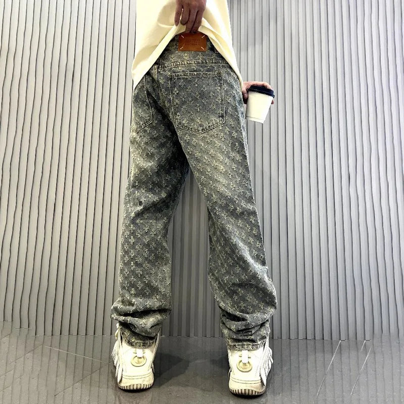 Denim Pants Male Straight Fitting Baggy Bottoms Distressed Wide Jeans For Men