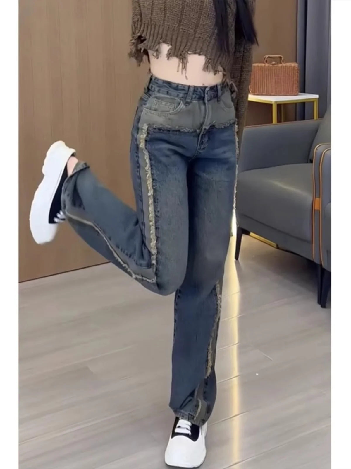 Y2k Jeans Large Size Raw Edge Wide Leg Women's Jeans High-waisted