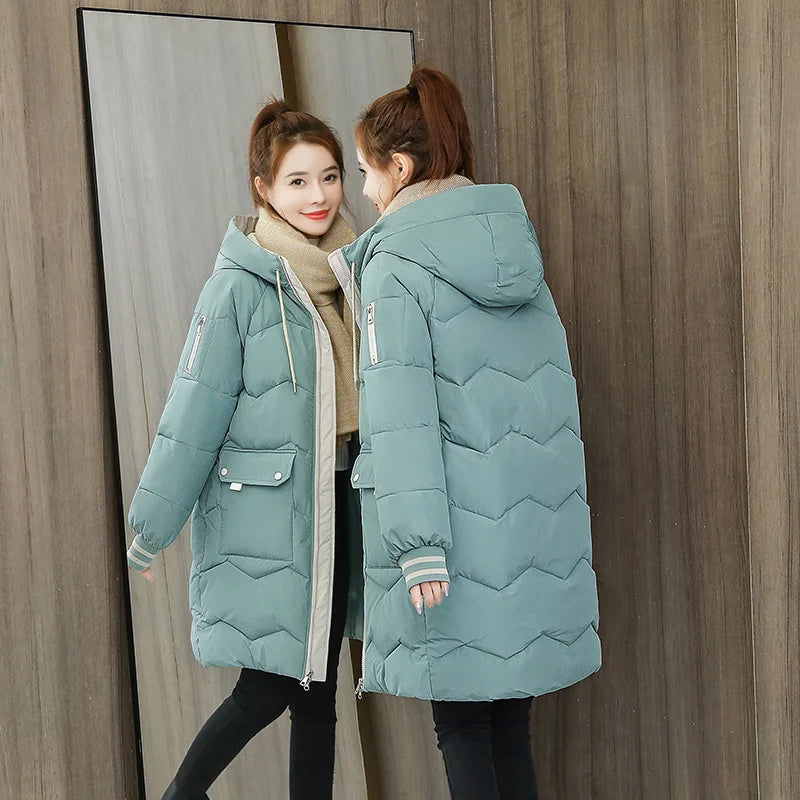 Women Winter Coat Mid-length Cotton Padded Parkas Hooded Warm Thicken
