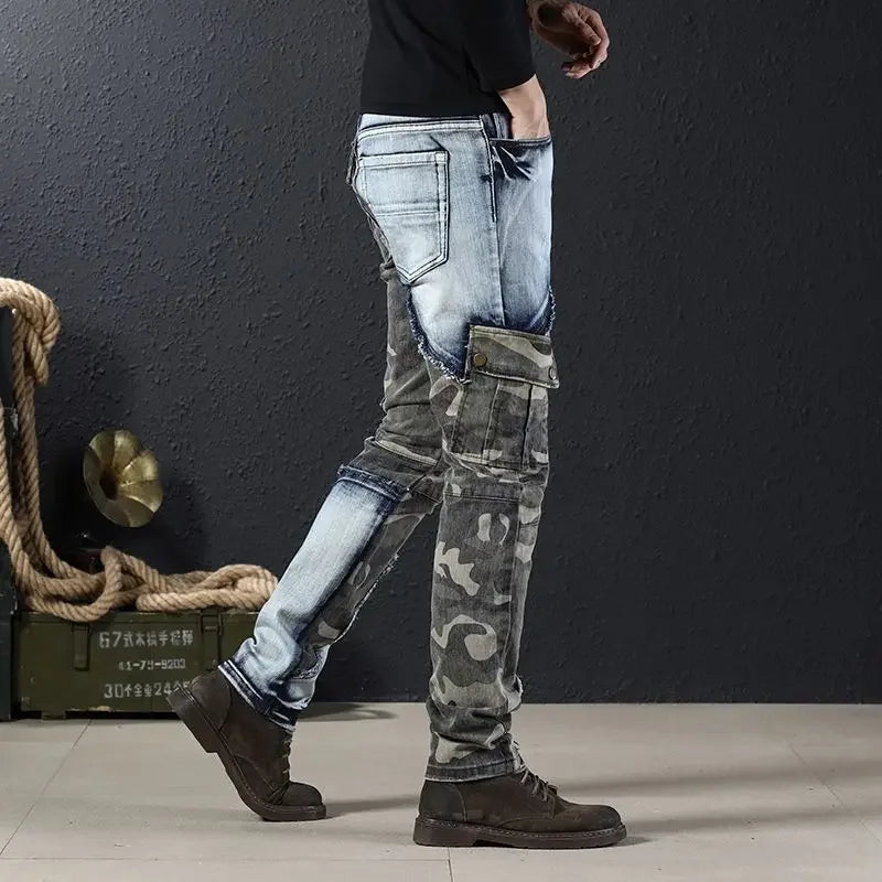 Splicing Camouflage Jeans for Men Graphic Tapered Male Cowboy Pants with Pockets