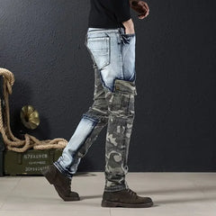 Splicing Camouflage Jeans for Men Graphic Tapered Male Cowboy Pants with Pockets