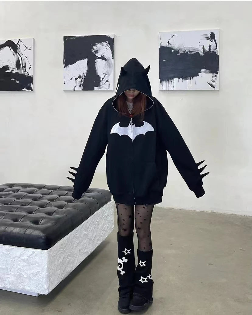 Y2K Hip Hop Hoodie Harajuku Spider Web Print Full Zipper Sweatshirt Oversize Punk