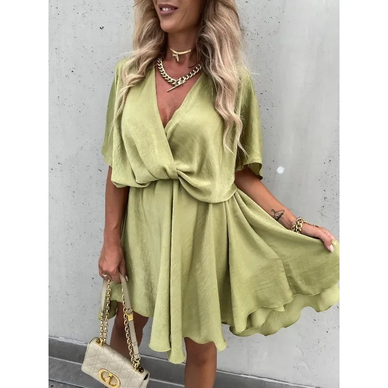 Women's S-XL size Commuter Dress Fashion V-neck Short Sleeved Solid Satin Loose Dress Leisure Vacation Party Women's Dress